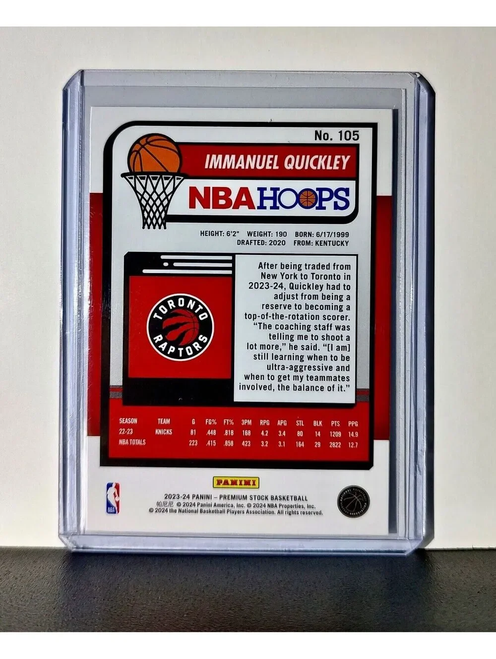Immanuel Quickley 2023-24 Panini Premium Stock NBA Hoops #105 Card Raptors